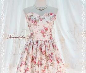 A Lovely Queen - Strapless Classic Cocktail Dress Light Cream Playful Glamorous Floral Print Giant Bow Party Night Prom Wedding Bridesmaid