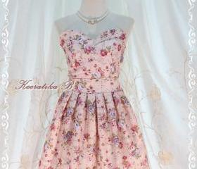A Lovely Queen - Strapless Classic Cocktail Dress Pale Pink Playful Glamorous Floral Print Giant Bow Party Night Prom Wedding Bridesmaid