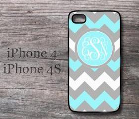 Personalized iPhone case tiffany blue and gray monogrammed chevron hard case for i phone 4 4S 