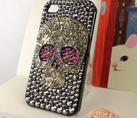 Skull Punk iPhone 4 4s Case Crystals Skull Steam Punk Chameleon Gold / Purple Studded Eyes Handmade iPhone 4 Case Studded Bling Rhinestone