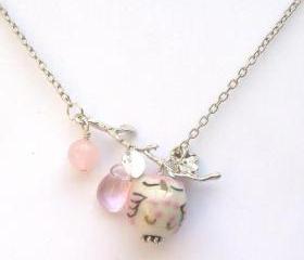 Silver Leaf Pink Jade Quartz Porcelain Owl Necklace