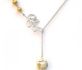 Silver Leaf Yellow Jade Quartz Porcelain Owl Necklace