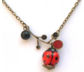 Antiqued Brass Leaf Agate Porcelain Ladybug Necklace