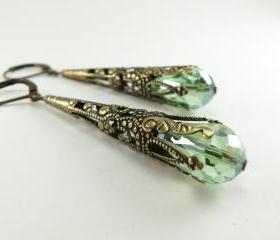 Peridot Green Earrings Long Dangle Earrings Brass Jewelry August Birthstone