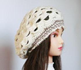 Cream wool beret crochet hat Teenager and women hat
