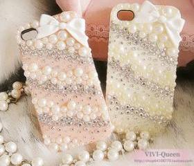 Bow iPhone case Pearl iPhone 5 case Crystal iPhone 5 case Bling iPone cases Pink White iPhone cover Custom Handmade Twill iPhone5