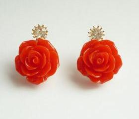 SALE Large Red Rose Earrings - Gift under 10