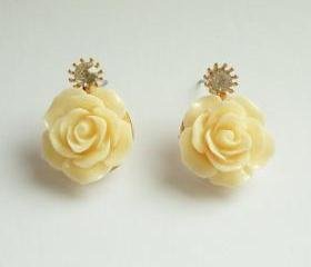 SALE - Large Cream/Off White Rose Earrings - Gift under 10