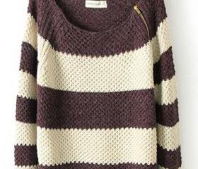 Coffee Shoulder Zip Classic Color Matching Striped Long Sleeve Sweater M