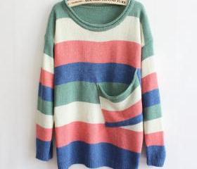 Green Multicolor Stripe Pocket Sweater