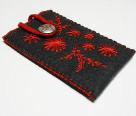 Felt iPhone case sleeve phone cover grey red emboidery