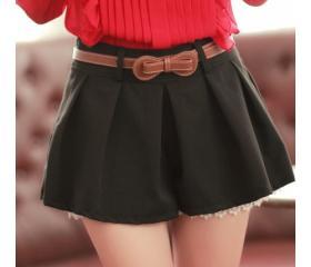 Women Black Cotton Floral Hem Short Pant With Belt S/M@MF9891b