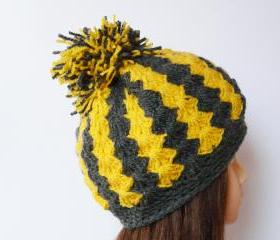 Chunky crochet hat yellow gray soft hat Pom pom hat