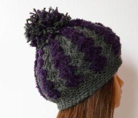 Chunky crochet hat eggplant gray soft hat Pom pom hat