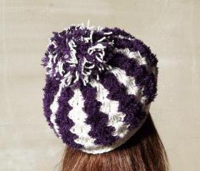 Pom pom crochet hat eggplant white soft hat