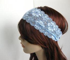 Winter Ice Stretch Lace Headband Frosty Blue Flowers Head Wrap Women's Hairband Hair Accessory