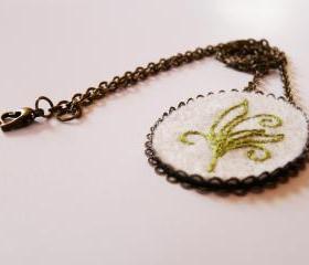 Felt brass antique Pendant embroidery green botanical flowers