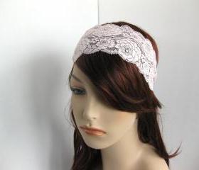 Stretch Lace Headband Pale Pink Roses Head Wrap Women's Hairband Hair Accessory