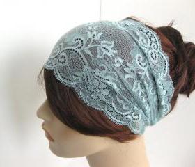 Wide Stretch Lace Headband Antique Blue Flowers Head Wrap Women's Hairband Fashion Hair Accessory