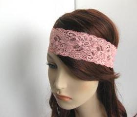 Stretch Lace Head Wrap Rose Coral Pink Flowers Headband Women's Hairband Hair Accessories
