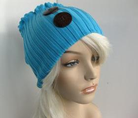 Natural Coconut Shell Button Head Ear Warmer Hat Sweater Stretch Headband Upcycled Head Wrap Dread Wrap Teal Blue Women's Accessories