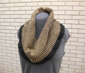 Oversized Brown Tan Black Upcycled Women's Cowl Neck Warmer Circle Infinity Scarf with Black Crochet Lace Women's Winter Accessories