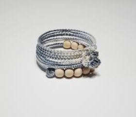 Blue ombre crocheted bracelet Memory cuff with wood beads