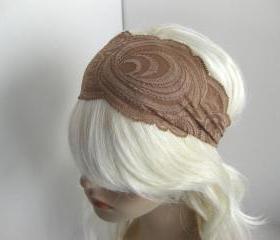 Mocha Coffee Brown Stretch Lace Headband Head Wrap Women's Hairband Hair Accessory