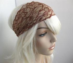 Wide Lace Headband Beige Copper Brown Head Wrap Women's Hairband Head Covering Hair Accessory