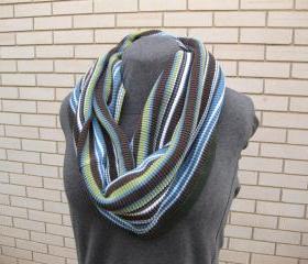 Women's Sweater Cowl Neckwarmer Circle Infinity Scarf Upcycled Blue Brown Green White Stripes Winter Accessories