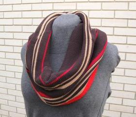 Sweater Cowl Women's Neck Warmer Upcycled Circle Infinity Scarf Red Brown Tan Striped Scarf Eco Friendly Winter Accessory