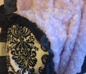 Light Purple Rose Swirl, Black and White Damask Print Minky Blanket. 30'x42'