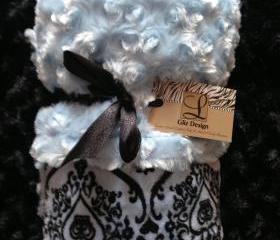 Blue Rose Swirl With Crown Royalty- Black on Blue Minky Blanket// 29'x40