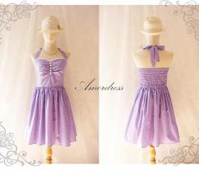 Purple Party Dress Vintage Inspired Party Tea Dress Bridesmaid Holiday Polka Dot Unique Handmade Dress SIZE S