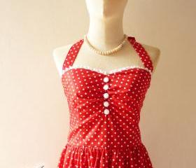 Red Polka Dot Party Dress Vintage Inspired Party Tea Dress Bridesmaid Holiday Polka Dot Unique Handmade Dress SIZE S