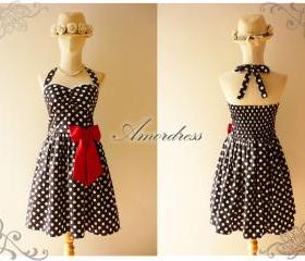 Black White Dot Party Dress SIZE S // Garden Dress // Cocktail // Birthday // Anniversary // Homecoming // Cheerful Every Day Party Dress..Once Upon A Time