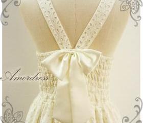 Lace Dress White Cream Sweetest Spell Party Reception Prom Party Bridesmaid Vintage Inspired Back Bow V Halter Pleated Skirt -Size S-M