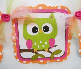 Owl banner, baby shower banner, green, orange, pink, white, its a girl,