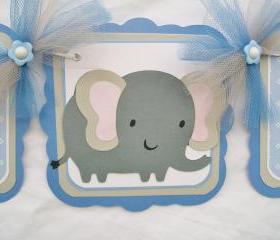 Elephant, baby shower banner, blue, grey, white, its a boy