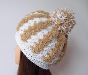 Chunky crochet hat hazel and white soft hat Pom pom hat
