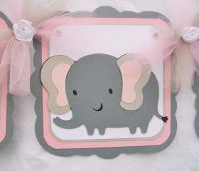 Elephant baby shower banner, its a girl, pink, grey, white