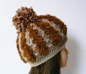 Chunky crochet hat hazel brown soft hat Pom pom hat