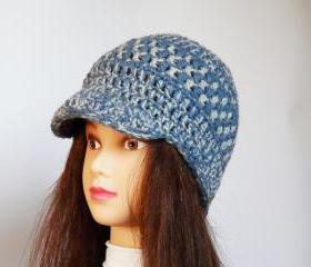 Blue grey unisex hat Crocheted newsboy plaid hat