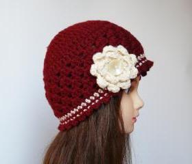 Claret vanilla crocheted hat with tree ruffled floral