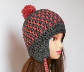 Pom pom plaid crocheted hat Grey pink plaid cap