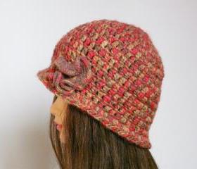 Fall crocheted hat ruffled flowers women elegant cap