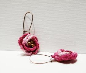 Pink crocheted earrings Charm rose earrings