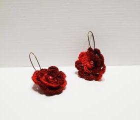 Red rose crocheted earrings