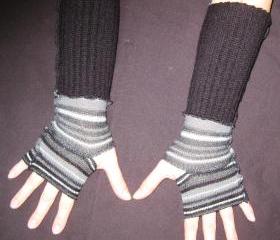 Eco Friendly Fingerless Gloves Hand Warmers Black Gray Stripes Upcycled Size XSmall / Small Upcycled Winter Accessory