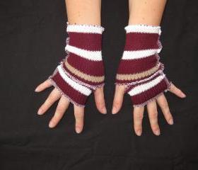Fingerless Gloves Hand Warmers Reconstructed Mittens Burgundy White Brown Striped Size Extra Small / Small 